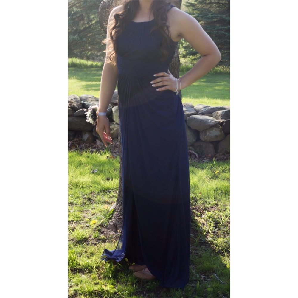 Navy Blue High Neck Prom Dress